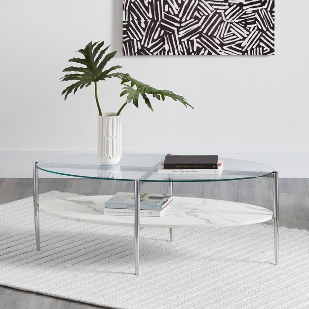 Cadee Oval Coffee Table With Glass Top And Faux Marble Shelf Chrome Coaster