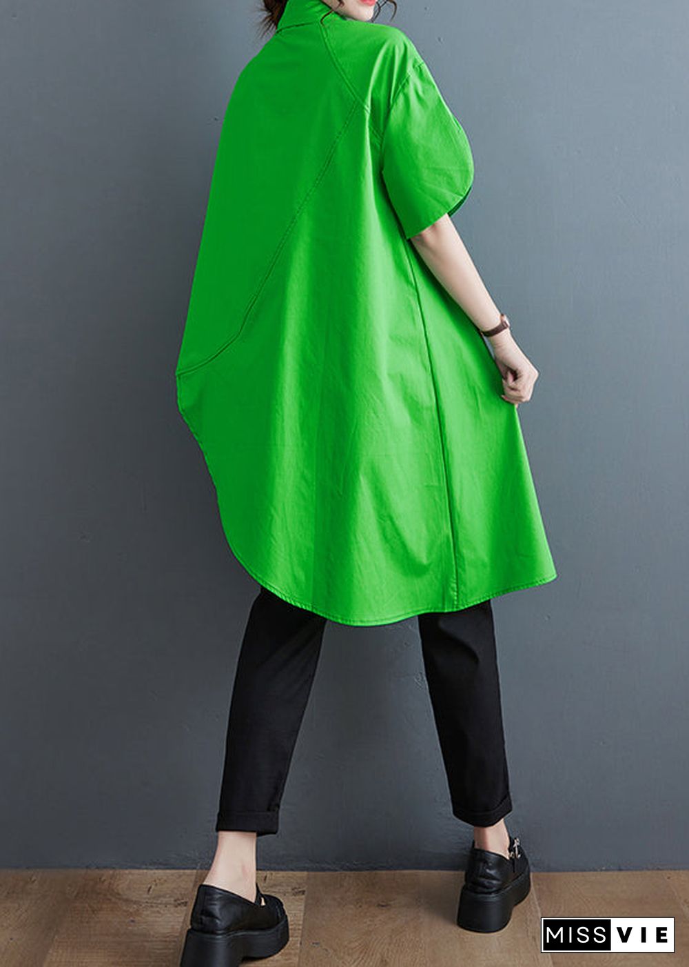 Unique Green Asymmetrical Low High Design Cotton Shirt Tops Summer