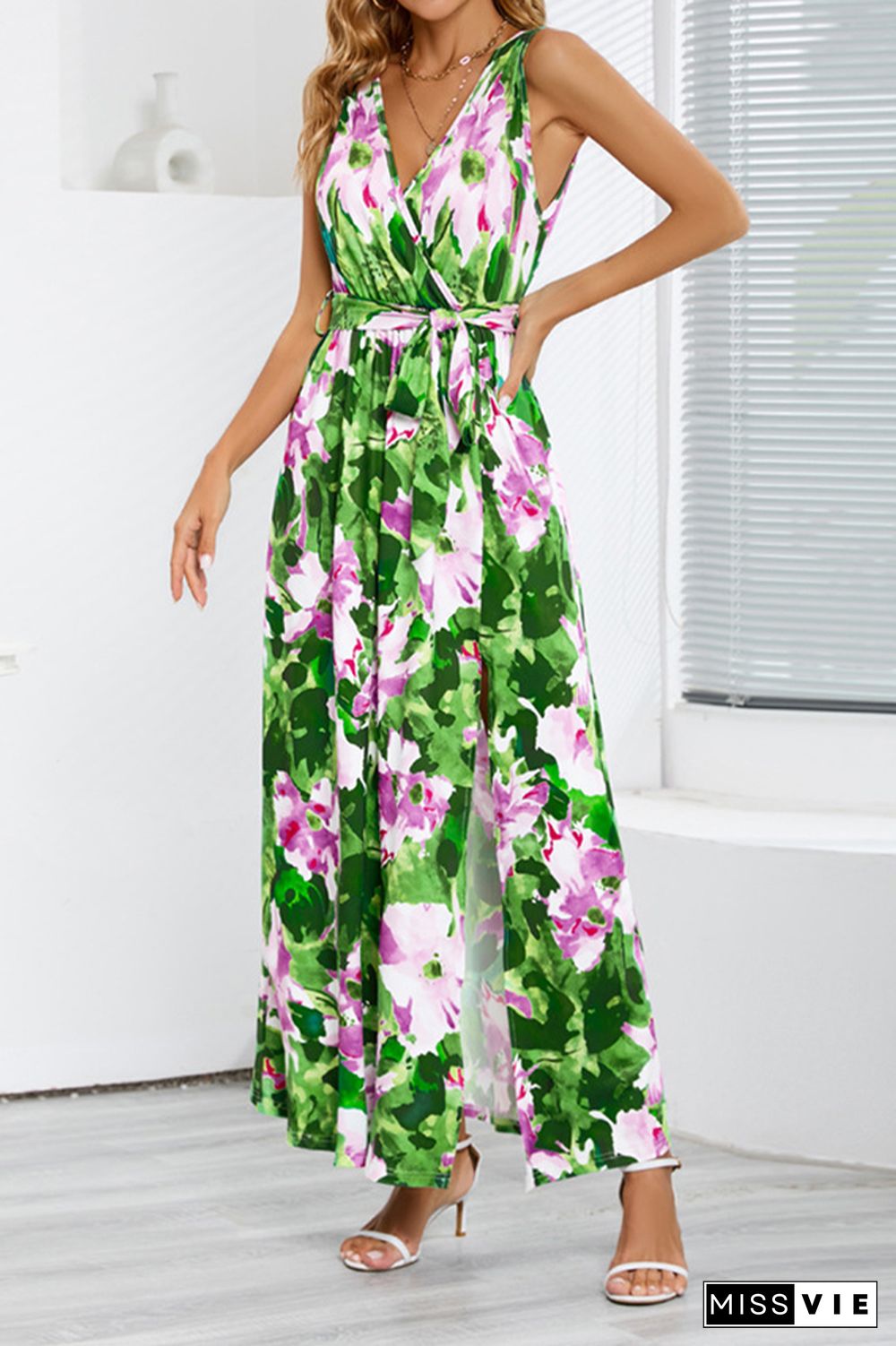 Wrap V Neck High Split Sleeveless Floral Maxi Dress