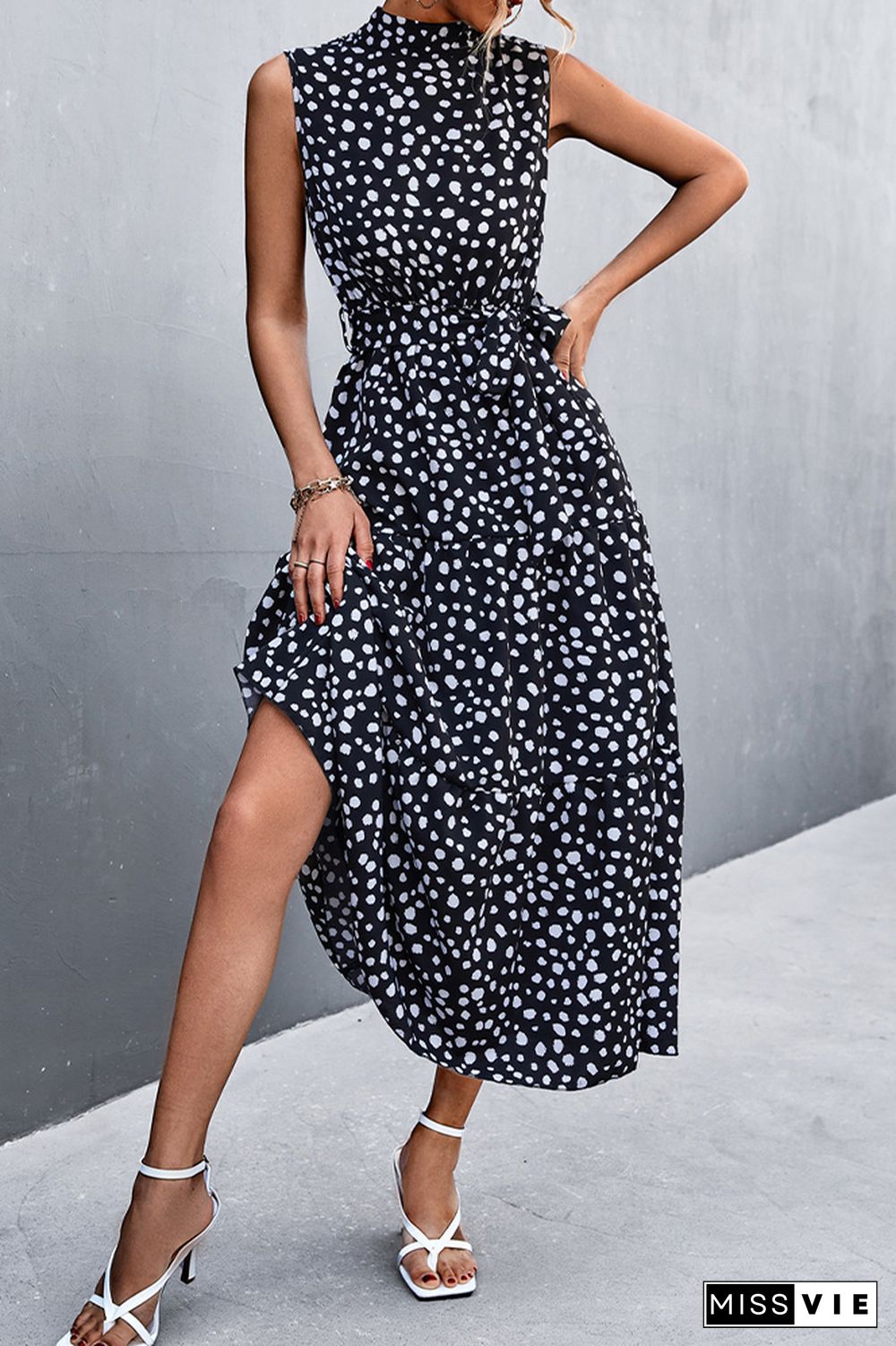 Sleeveless Leopard Printed Long Dress With Belt Wholesale