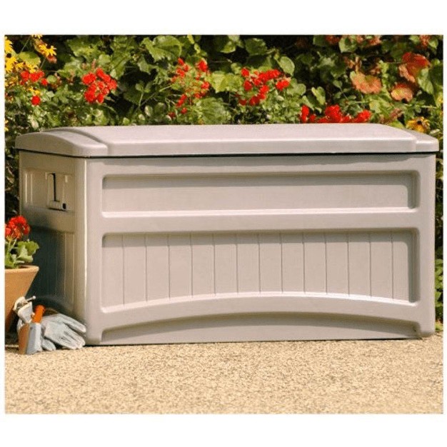 Suncast 73 Gallon Outdoor Patio Deck Storage Organization Box Taupe 2 Pack