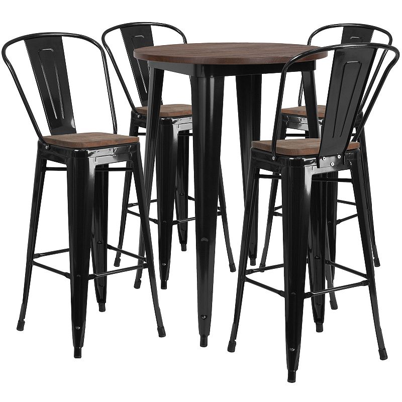 Emma and Oliver 30 Round Black Metal/Wood Bar Table Set - 4 Stools