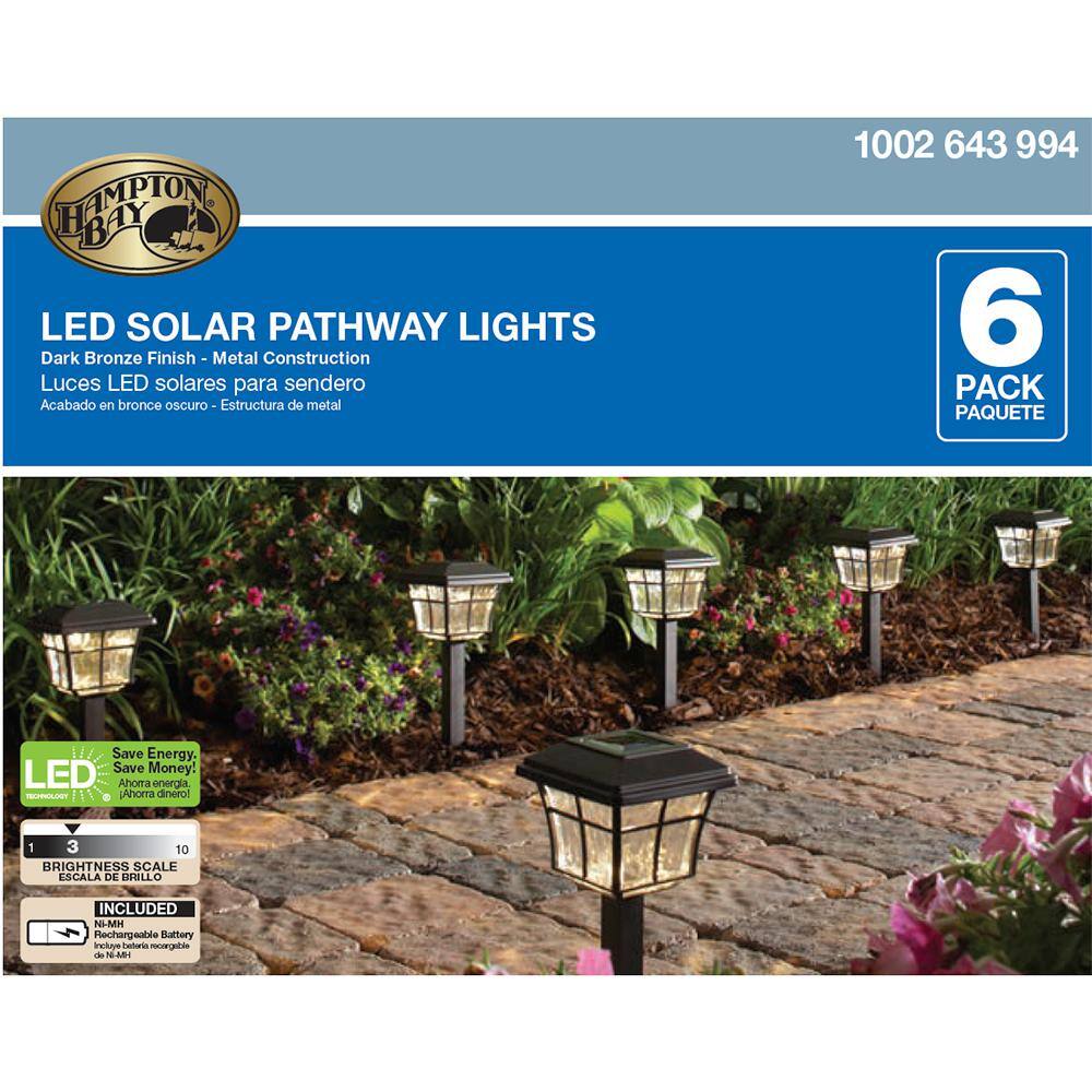 Hampton Bay Grant Solar 10 Lumens Dark Bronze Outdoor Integrated LED 3000K Warm White Landscape Path Light (6-Pack) 84101