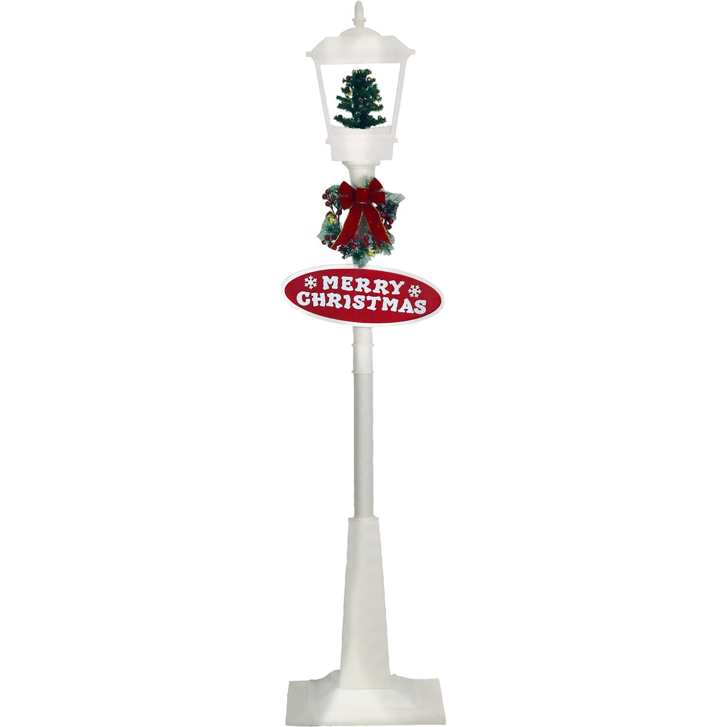 Christmas Time 71-In. Musical Snowy Street Lamp | Christmas Tree Scene， 2 Signs， Cascading Snow， and Holiday Songs | White | CT-SL071A-WHT