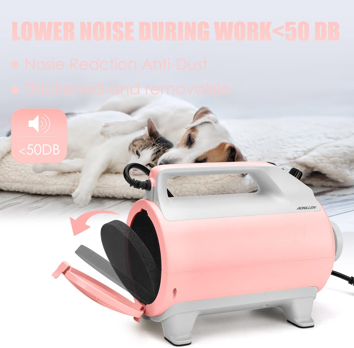 AONLLEN Dog Hair Dryer, 4.3hp Stepless Adjustable Speed High Velocity Dryer for Dogs, Dog Blower Grooming Dryer with Heater,4 Nozzles, and Pet Grooming Gloves Supplies