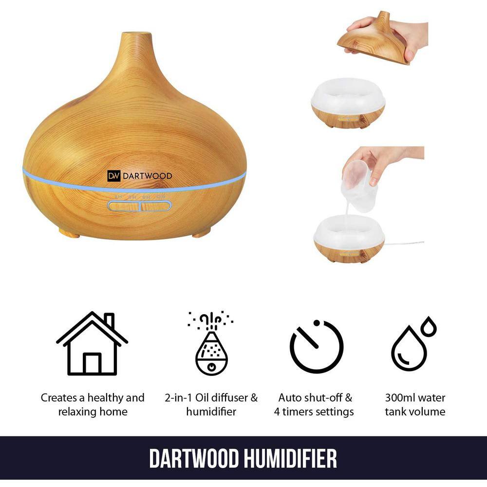 DARTWOOD Premium Ultrasonic Aroma Diffuser  Humidifier - Essential Oil  Mist Vaporizer with 7-Lighting Modes  4-Timers (300ml) AromaDiffuserUS