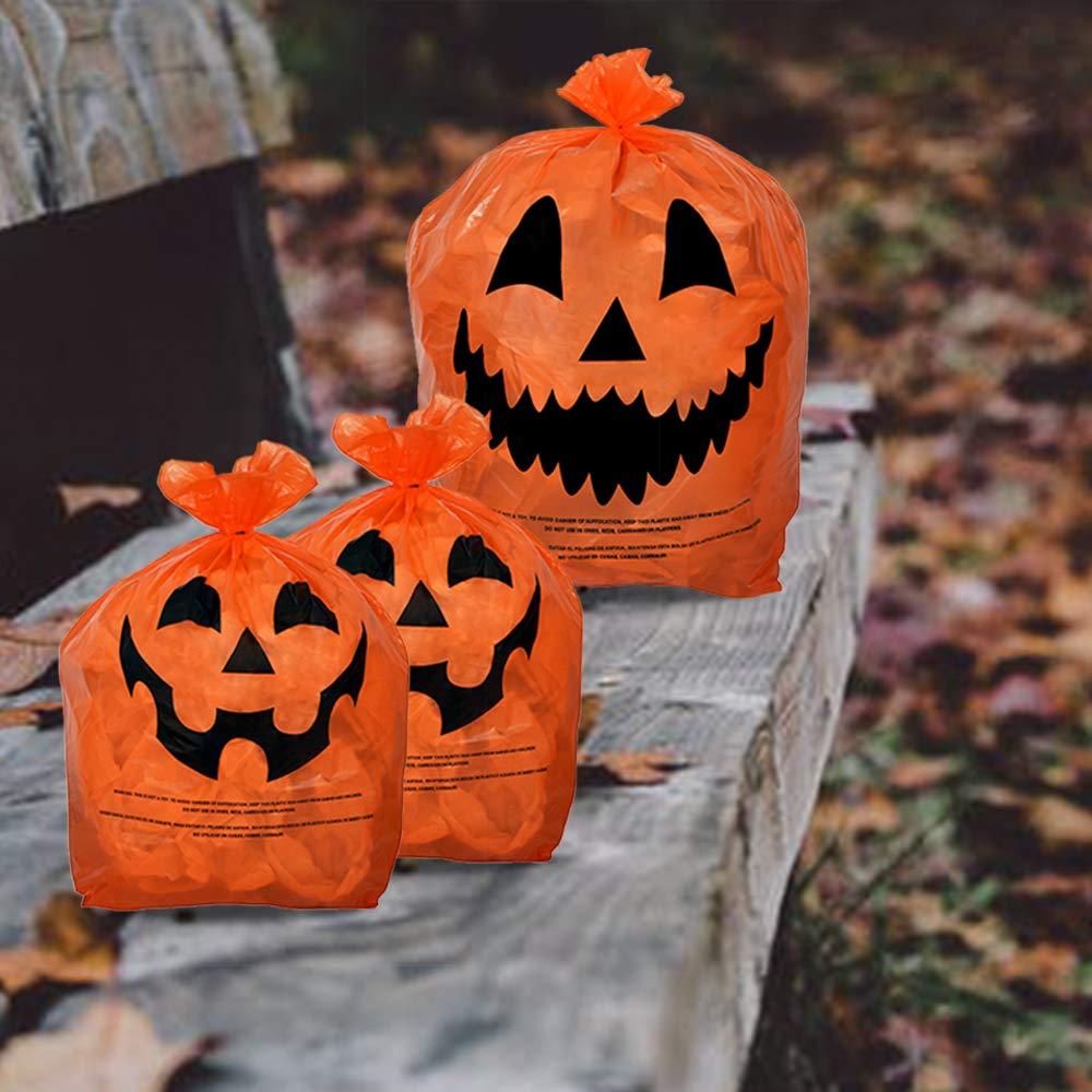 KINREX Halloween Pumpkin Plastic Lawn and Leaf Bags Decoration - Outdoor Fall Trash Bag Decor - Orange Jack O Lantern - Pack of 3 with Twist Ties