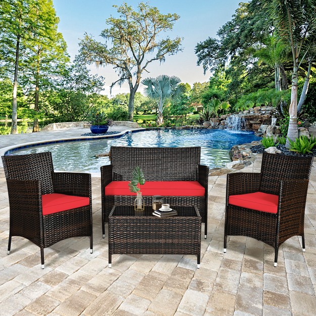 Tangkula 4 Pieces Patio Rattan Conversation Furniture Set Outdoor W Brown amp Red Cushion