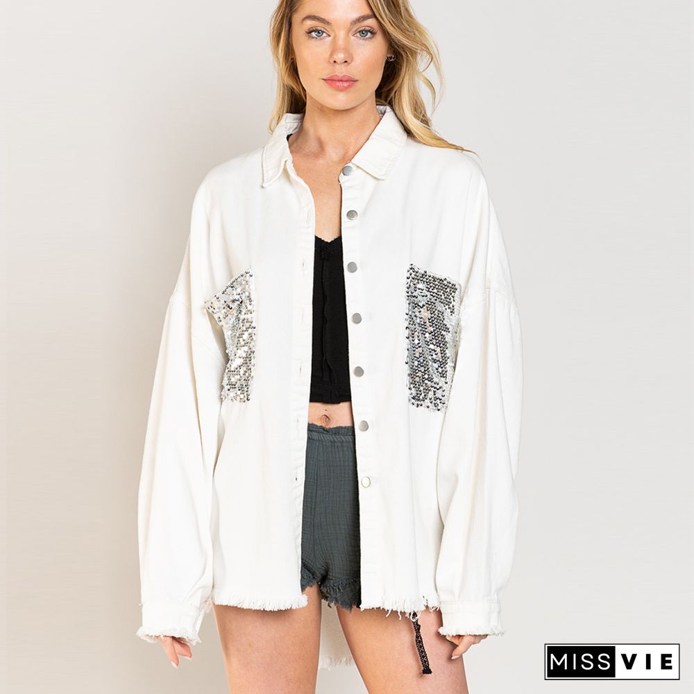 Sequin Pockets Open Button Denim Jackets