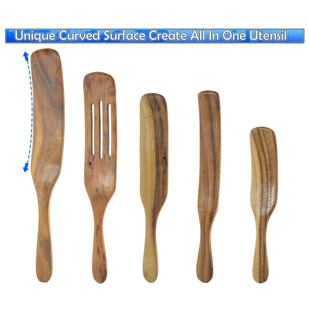 Spurtle Spoon Spatula Utensil   5pc Set Teak Wood   Non Stick Wooden Cookware   Stir  Scrape  Flip  Drain  Fold   Smash.   Large