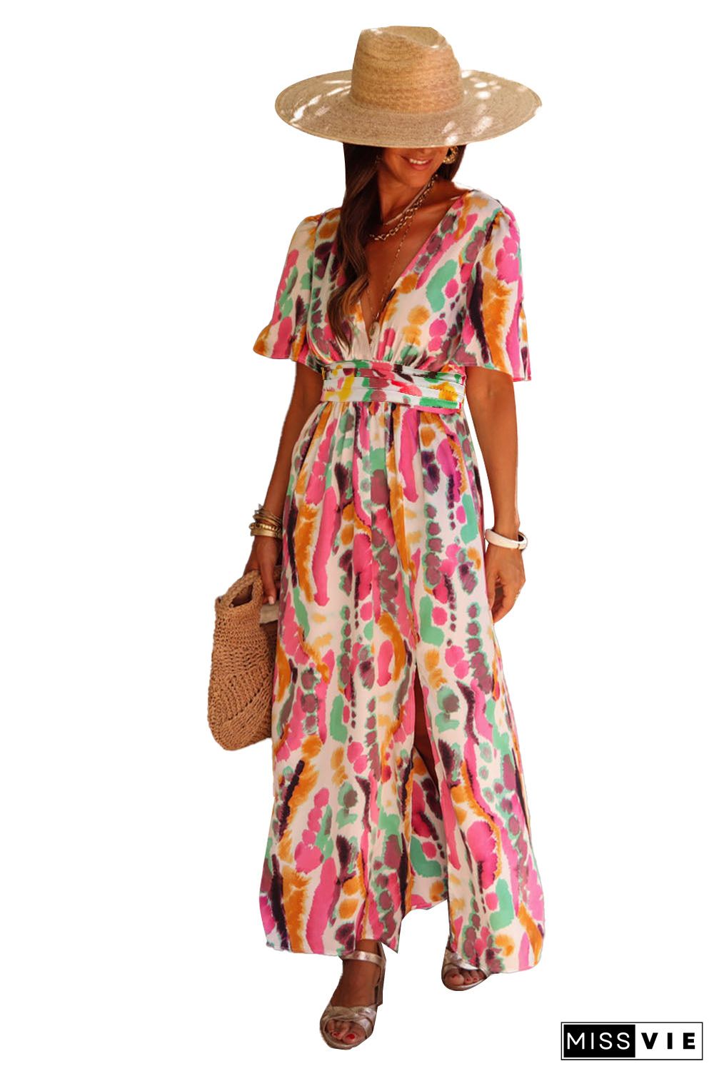 Pink Boho Tie-dye Print V Neck Maxi Dress