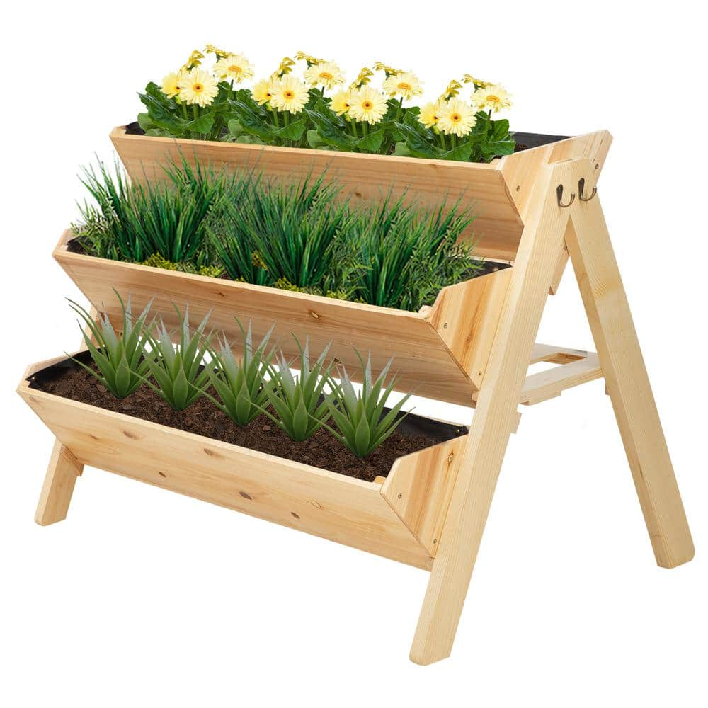 Outsunny 47 in. Natural Wooden 3-Tiers Raised Garden Bed with Side Hooks， Storage Clapboard 845-476