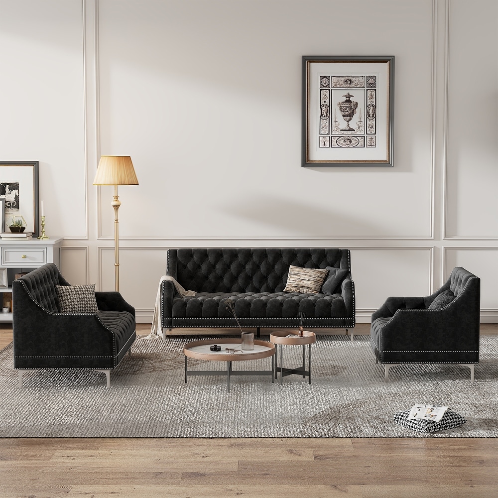 Modern Frosted Velvet Sofa Set with Metal Legs and Button Tufted Backrest  3 Seater Sofa + Loveseat + Single Sofa