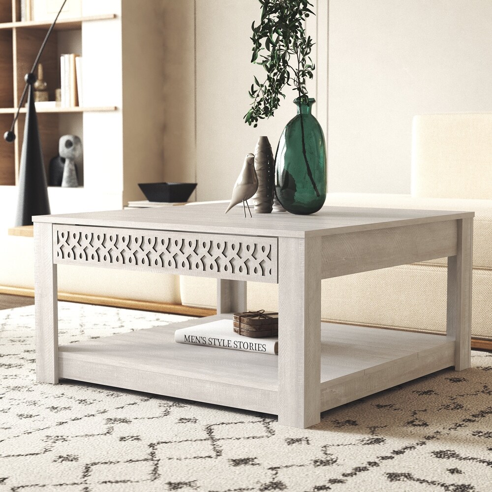 GALANO Japtur 31.5 in. Wood Top Square Laser Cut Coffee Table