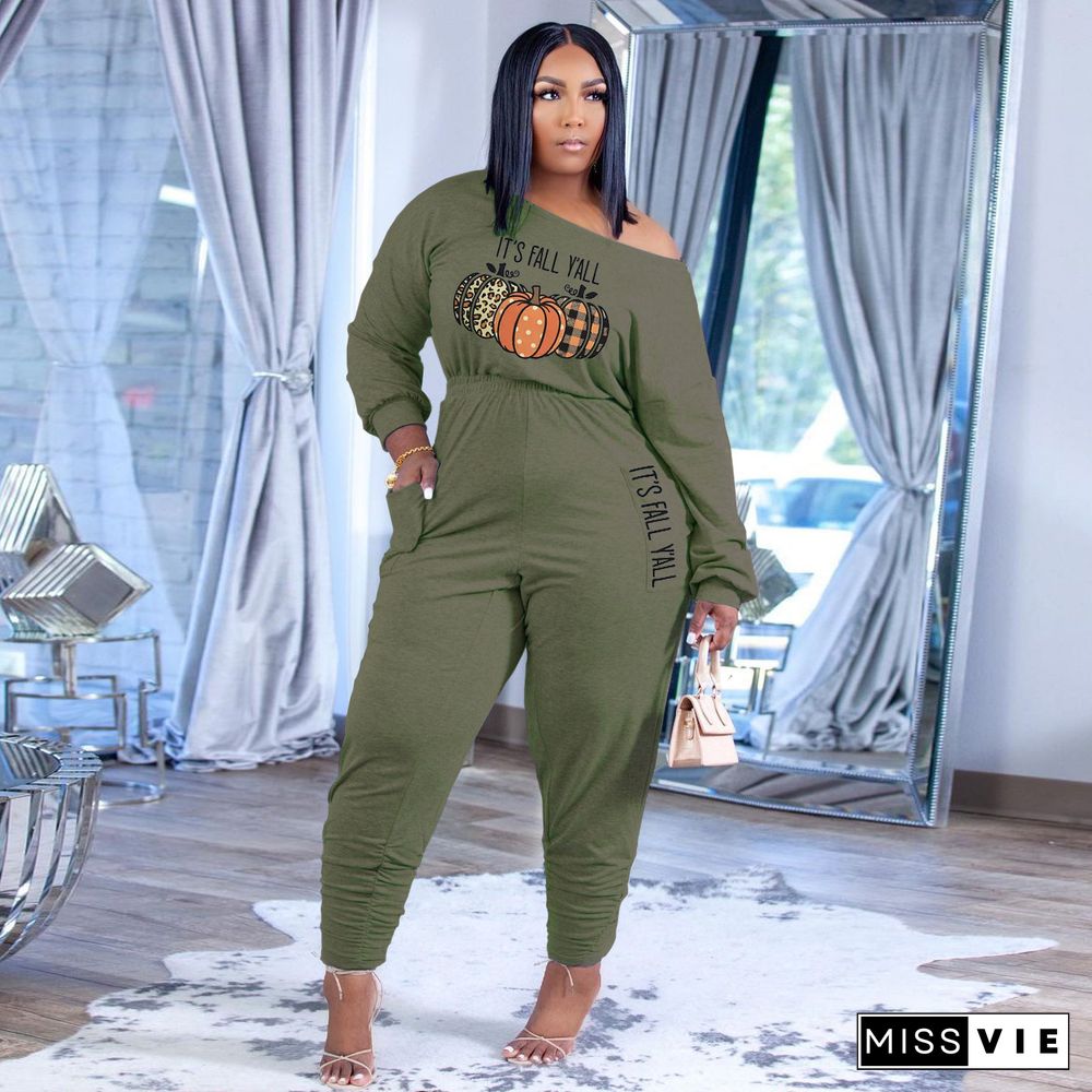 Casual Long Sleeve Print One Piece Plus Size Jumpsuits