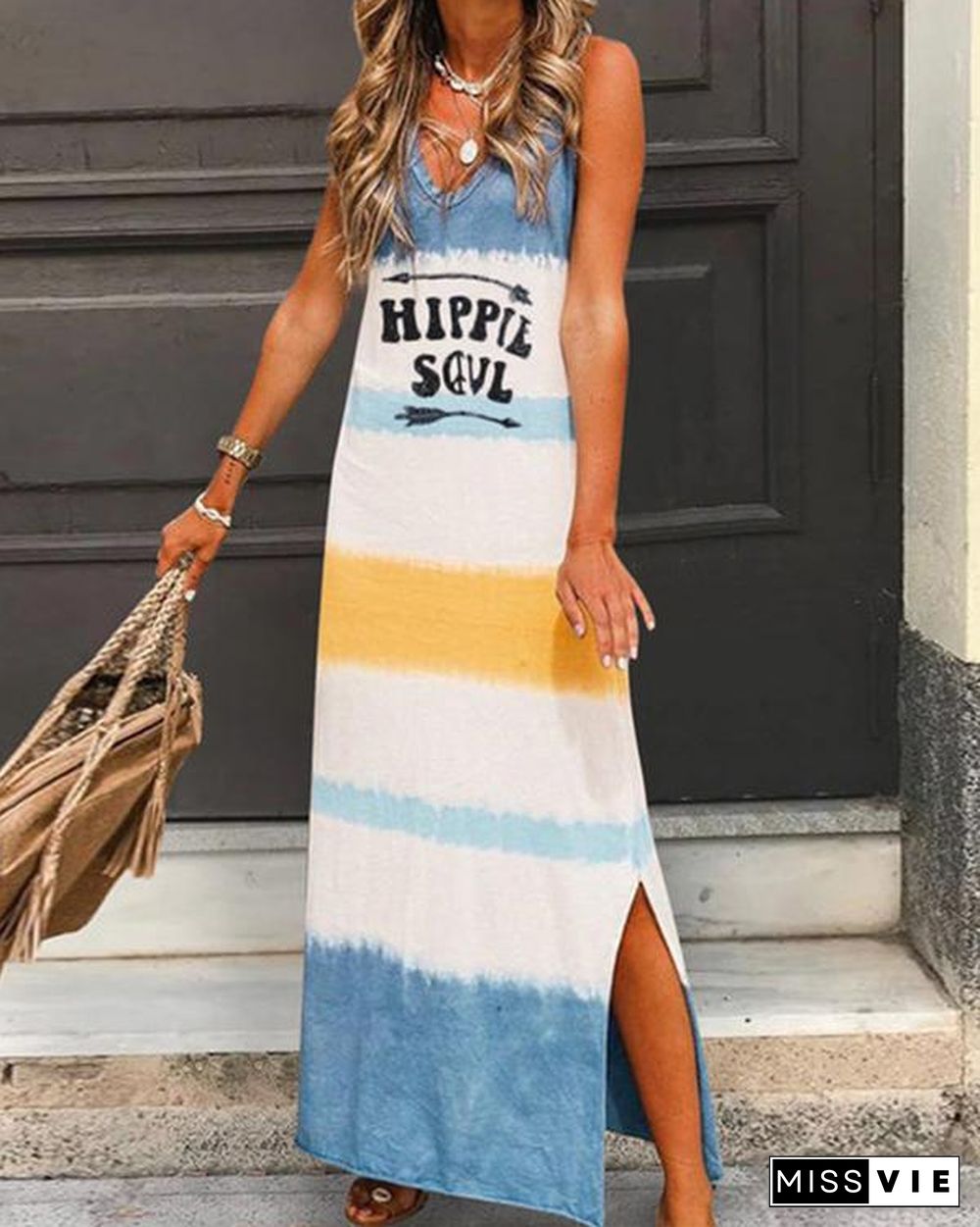 V Neck Casual Sleeveless Gradient Maxi Dresses