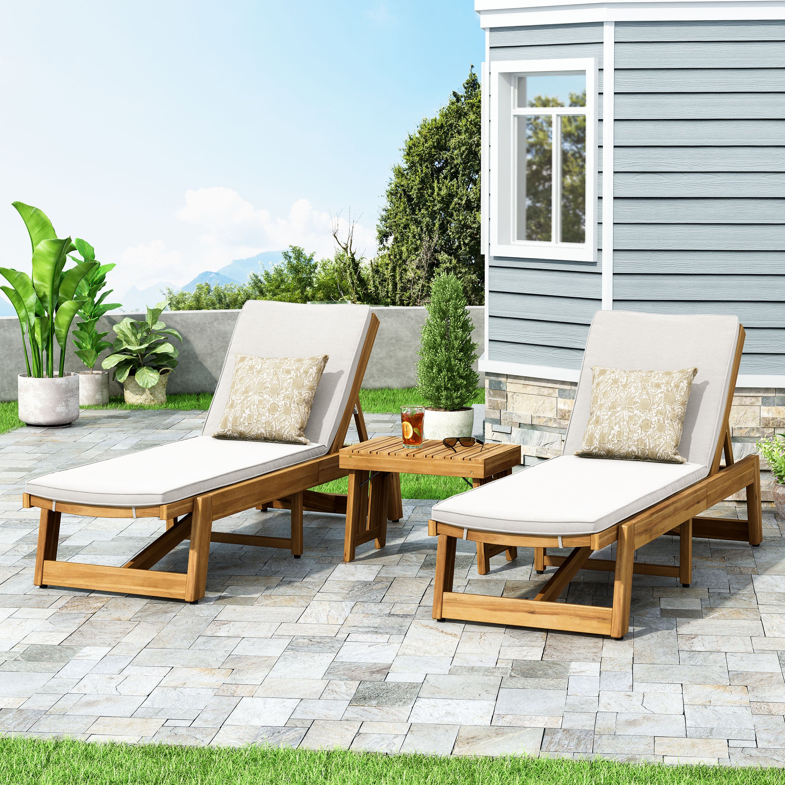 Karyme Outdoor Acacia Wood 3 Piece Chaise Lounge Set with Water-Resistant Cushions