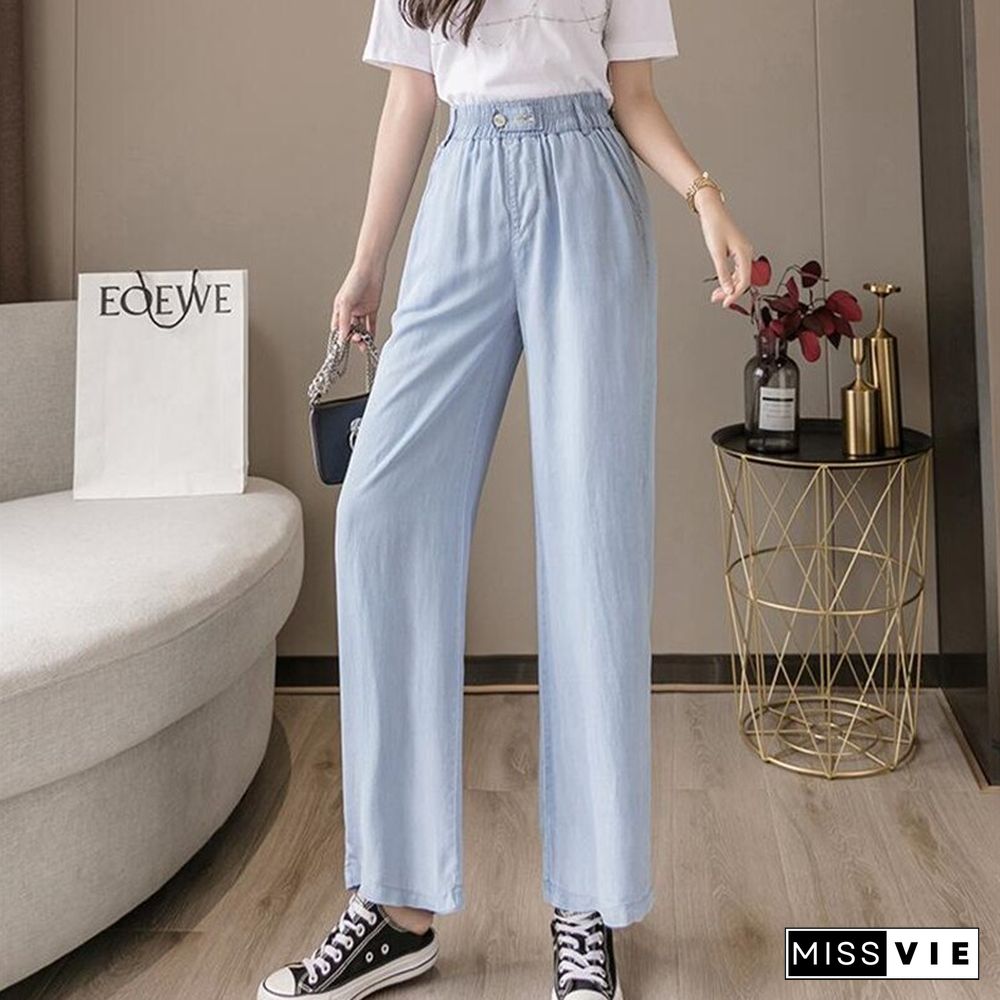 Woman Jeans Clothes High Waisted Summer Streetwear Baggy Wide Leg Vintage Fashion Stretch Blue Harajuku Straight Pants