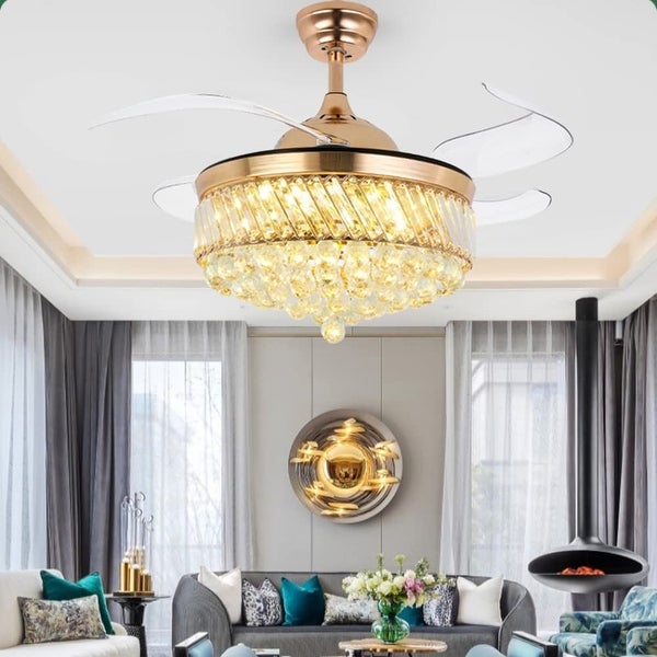 Crystal Ceiling Fan with Light Remote Control Chandelier Retractable Fandelier， Luxury 3 Color Lighting for Dining Room Shopping - The Best Deals on Ceiling Fans | 41540798