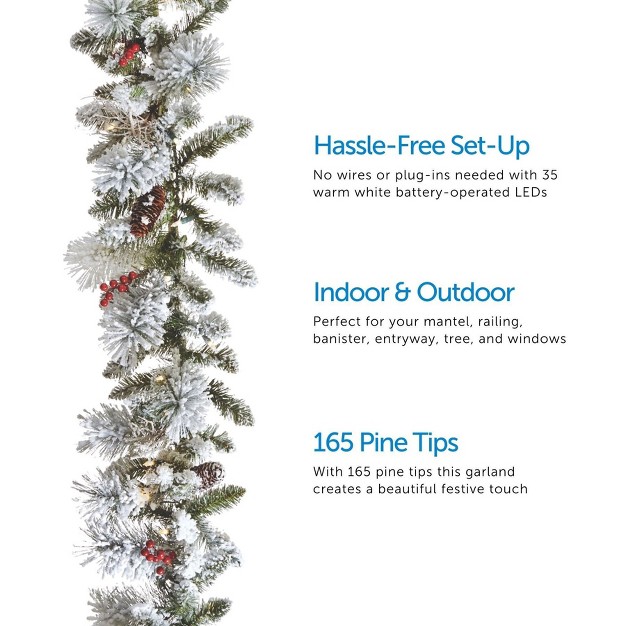 Noma Snow Dusted Berry And Pinecone 9 Foot Pre Lit 162 Pe And Pvc Pine Needle Christmas Garland Indoor And Outdoor Home Holiday Mantle Decor