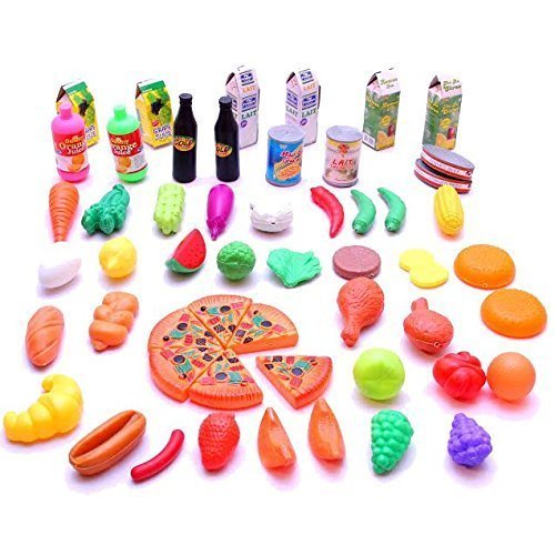 dazzling toys Toy Food  Assorted Food Playset - 65 Piece - Includes Plastic Toy Pizza， Fruits and Vegetables， Milk， Juice and Other Bottles and Containers and More