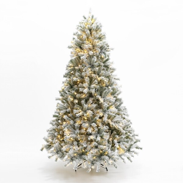 7.5Ft PreLit Hinged Snow Flocked Full Fir Artificial Christmas Tree with 8 Lighting Modes