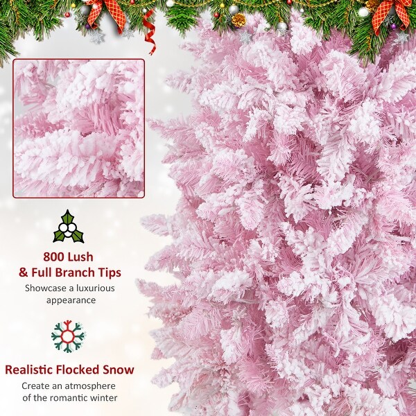 Costway 7FT PreLit Snow Flocked Hinged Pencil Christmas Tree w/ 300