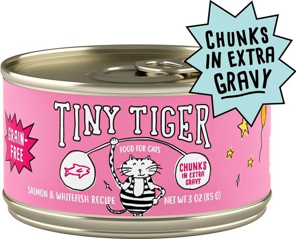 Tiny Tiger Chunks in EXTRA Gravy Salmon and Whitefish Recipe Grain-Free Canned Cat Food