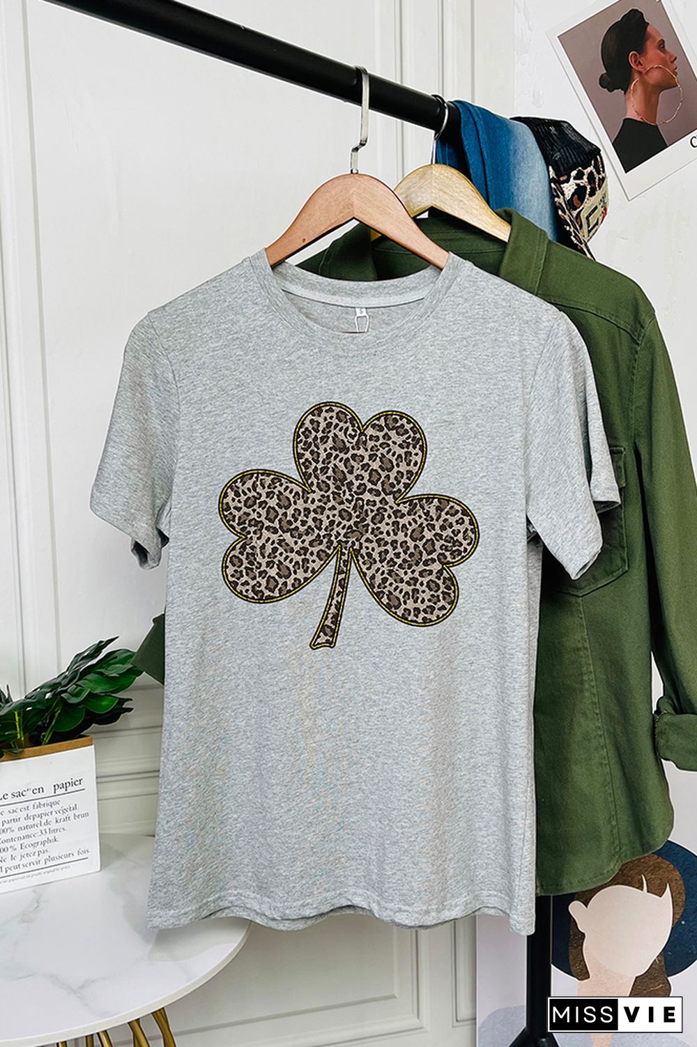 Leopard Clover Print Short Sleeve Graphic Tee Wholesale