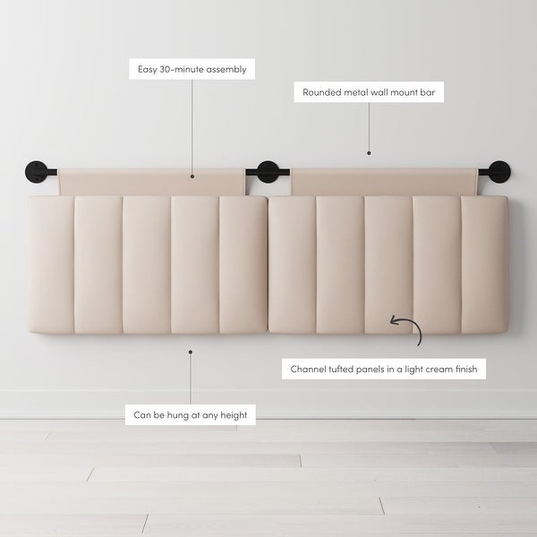 Nathan James Remi Wall Mount Tufted Headboard with Adjustable Straps and Black Metal Rail - - 36003135