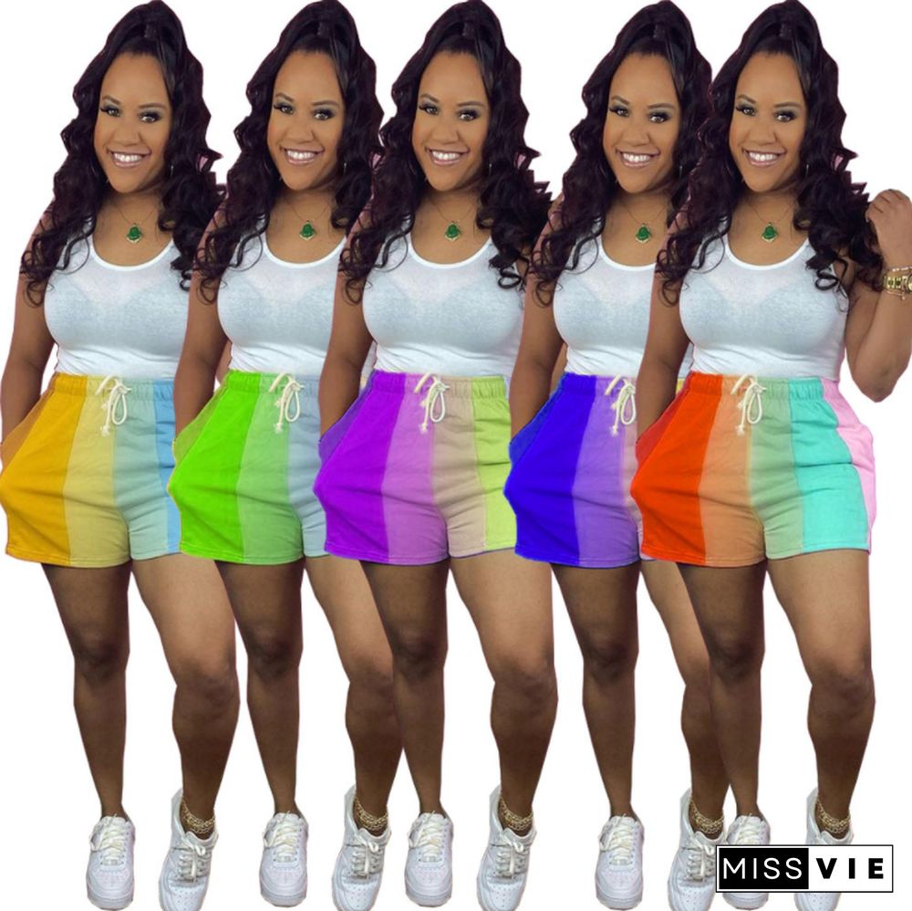 Women Clothing Casual Rainbow Striped Print Summer Sportswear Drawstring Loose Mid Waist Shorts