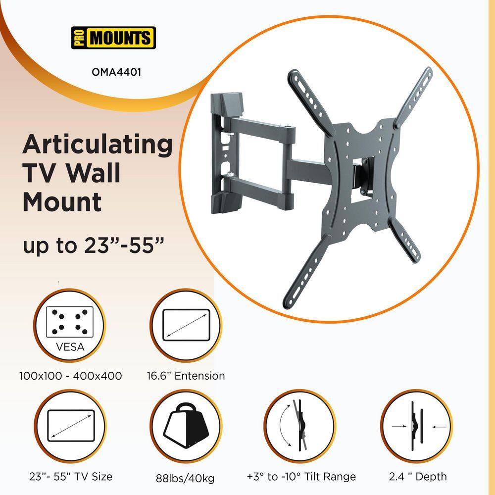 ProMounts Articulating Extending Wall TV Mount for 23-55'' TVs up to 88lbs Fully Assembled Easy Install Low Profile TV Brackets OMA4401