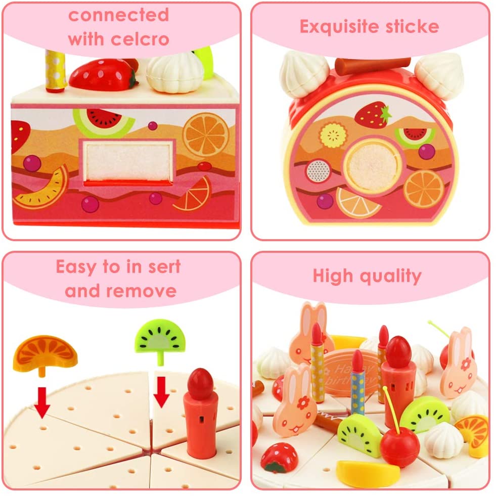 Mundo Toys Cutting DIY Pretend Play Birthday Cake Dessert Food Set Toy Multicolor with Candles， 82 Pieces