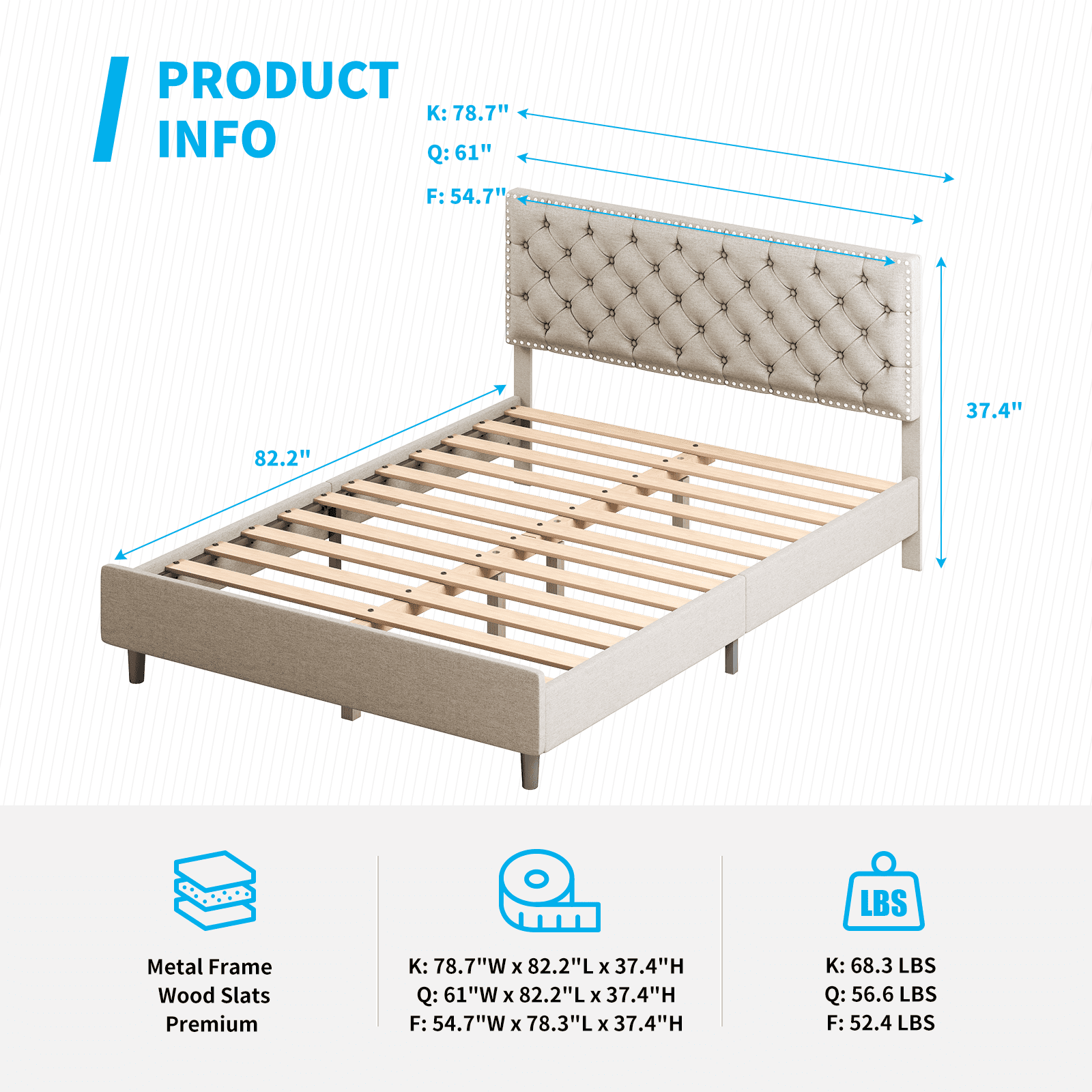 Mjkone King Size Platform Bed Frame with Luxury Headboard, Upholstered Bed Frame with Wood Slat Support, No Box Spring Needed/Easy Assembly/No Mattress (King, Beige)