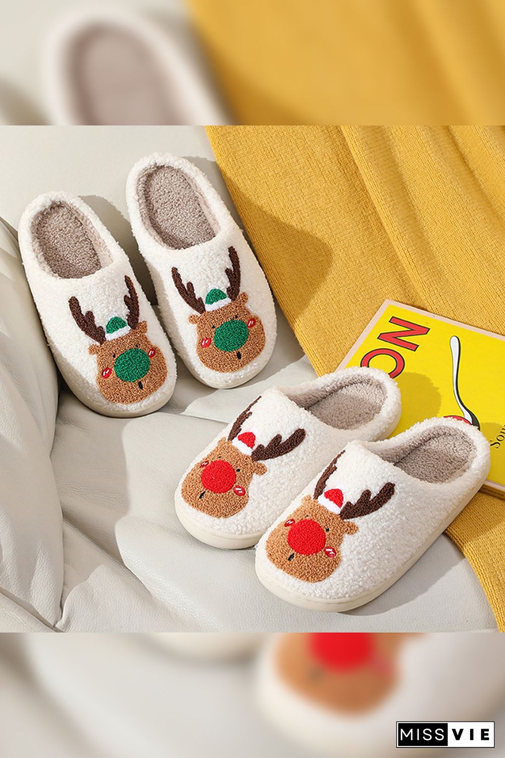 Christmas Cartoon Reindeer Fluffy Slippers