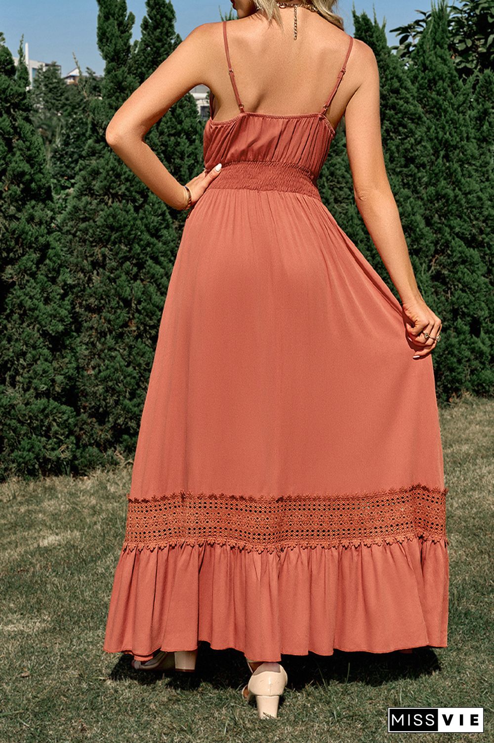 Plain V Neck High Waist Lace Tape Splicing Hem Maxi Dress