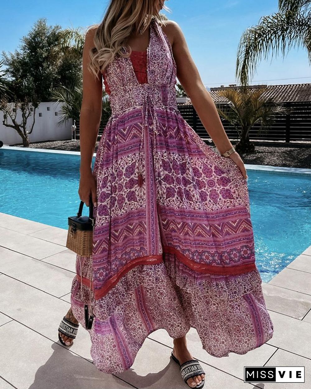 Floral Print Ruffle Tie Back Bohemian Maxi Dress P11908