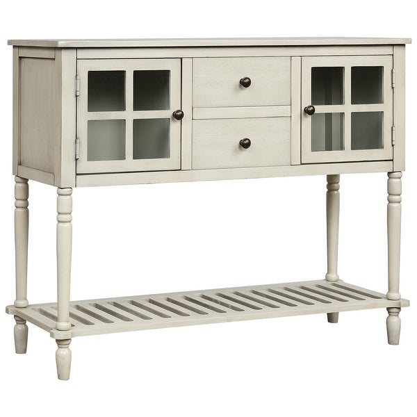 Farmhouse Distressed Sideboard Buffet Console Table with 2 Glass Front Cabinets， 2 Drawers and Slatted Bottom Shelf