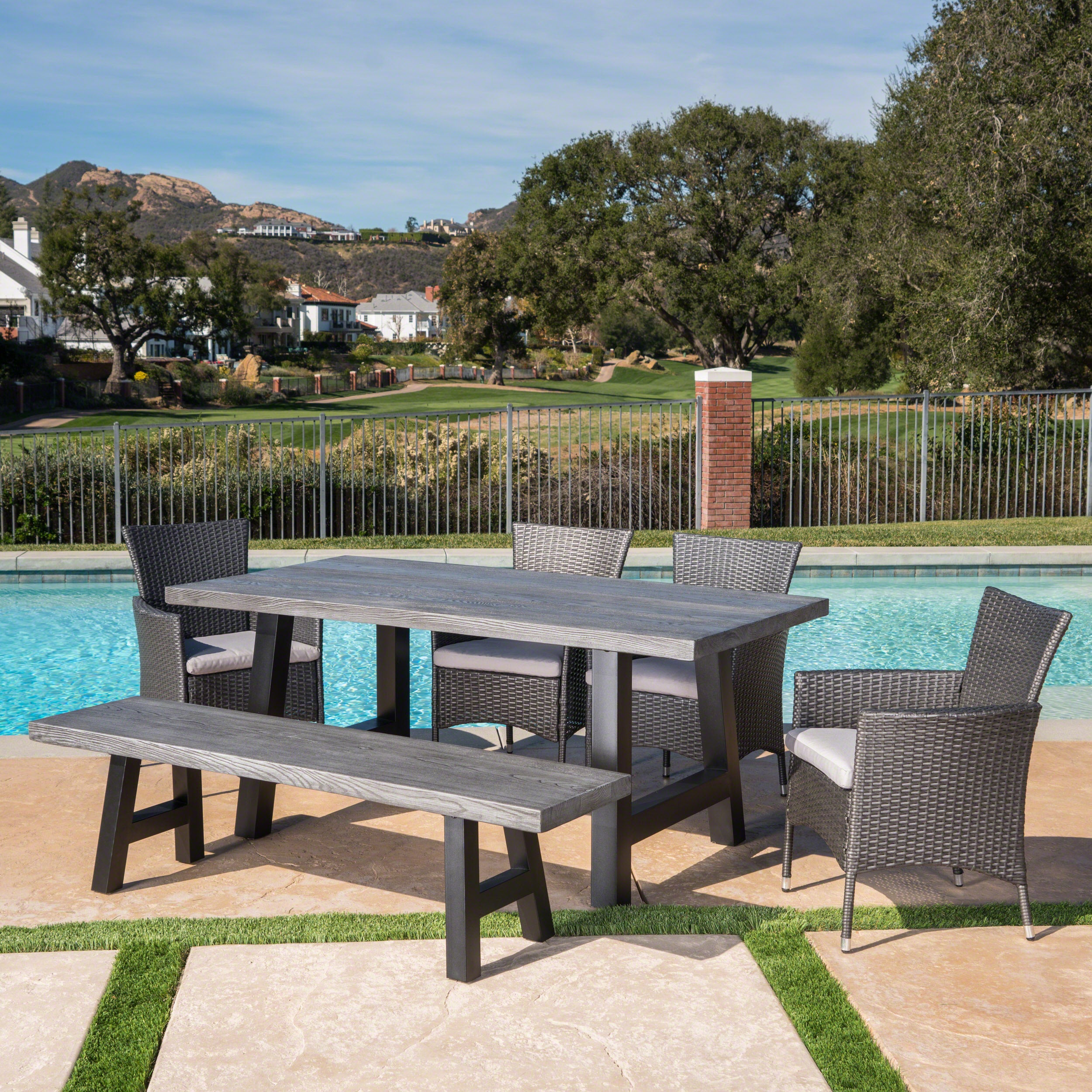 Gina Outdoor 6 Piece Wicker Dining Set with Concrete Table and Bench