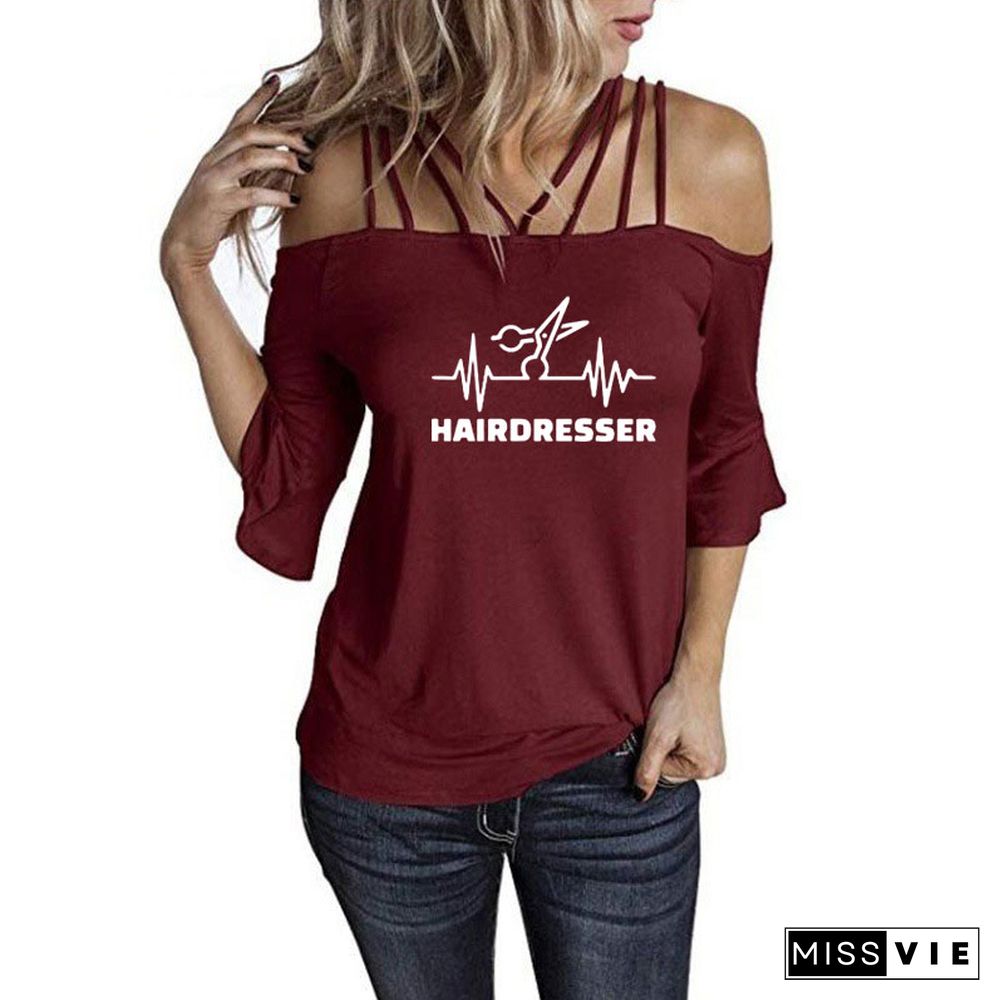 New Fashion Summer Heartbeat Hairdresser T Shirt Women Casual Cotton Short Sleeve GirlsShoulderSling Tee Tops