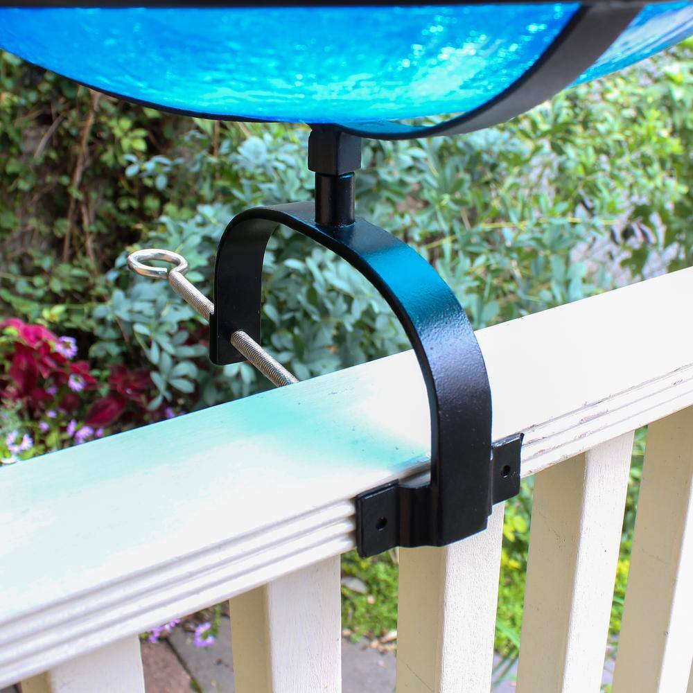 ACHLA DESIGNS 14 in. Dia Round Teal Blue Crackle Glass Birdbath with Black Wrought Iron Over Rail Bracket CGB-14T-OR2