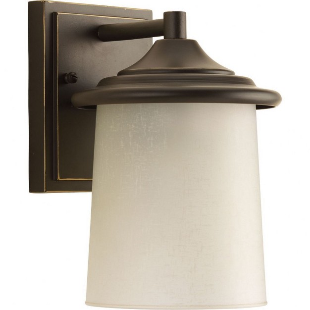 Progress Lighting Essential 1 light Outdoor Wall Lantern Antique Bronze Etched Umber Linen Glass Shade