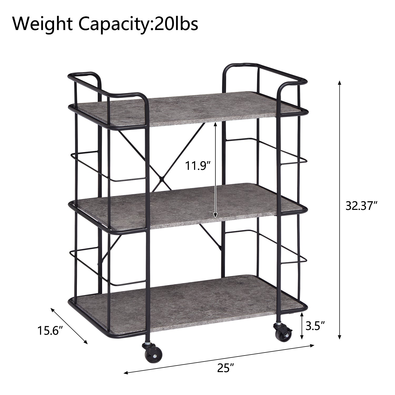 Kinbor 3 Tier Kitchen Island Serving Bar Cart Storage Rolling Serving Trolley Cart with Locking Wheels