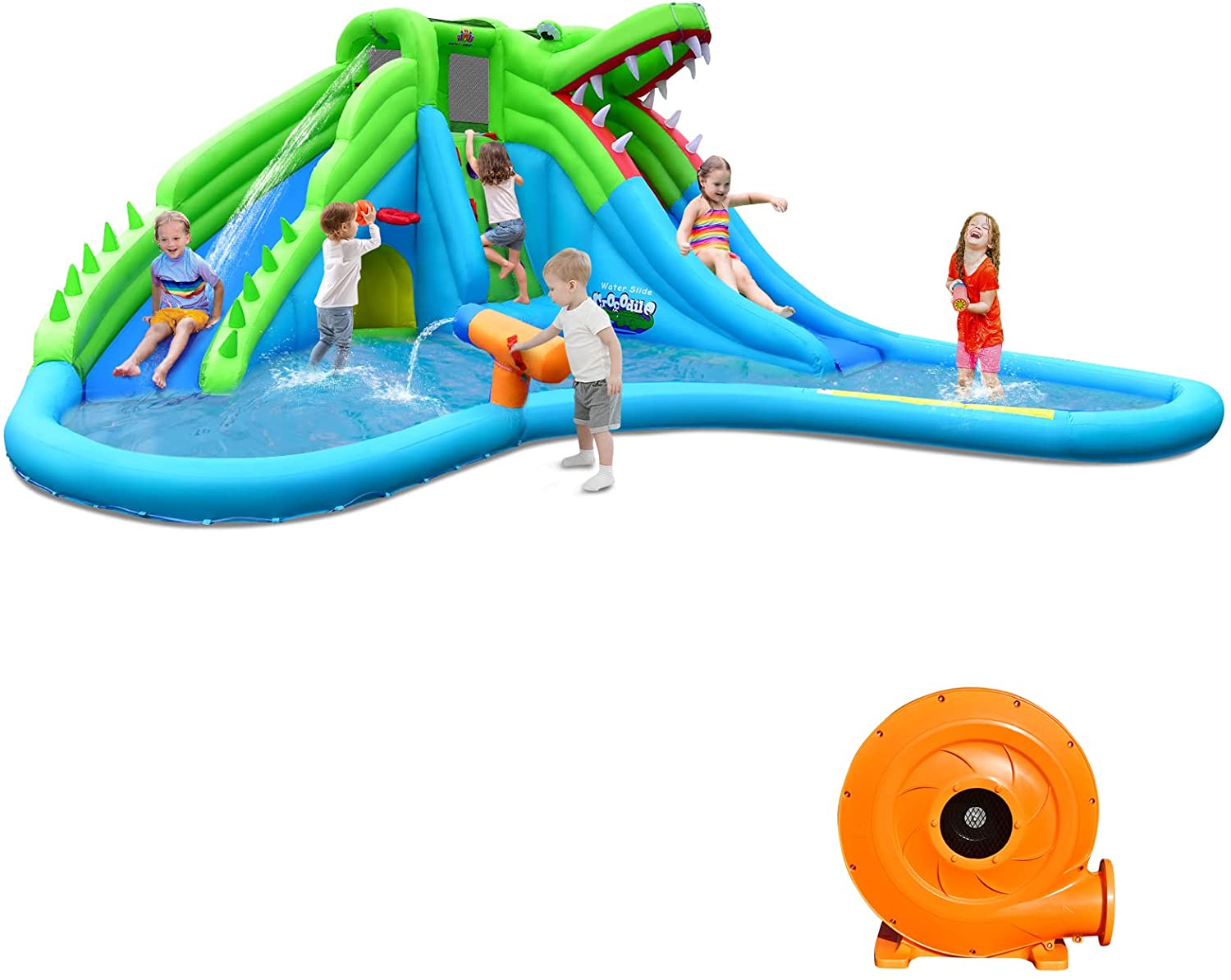 BOUNTECH Inflatable Water Slide for Kids | 7 in 1 Crocodile Mighty Water Park