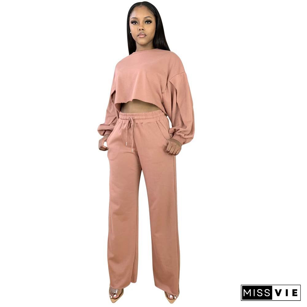 Long Sleeve Crop Top Drawstring Wide Leg Pants Set