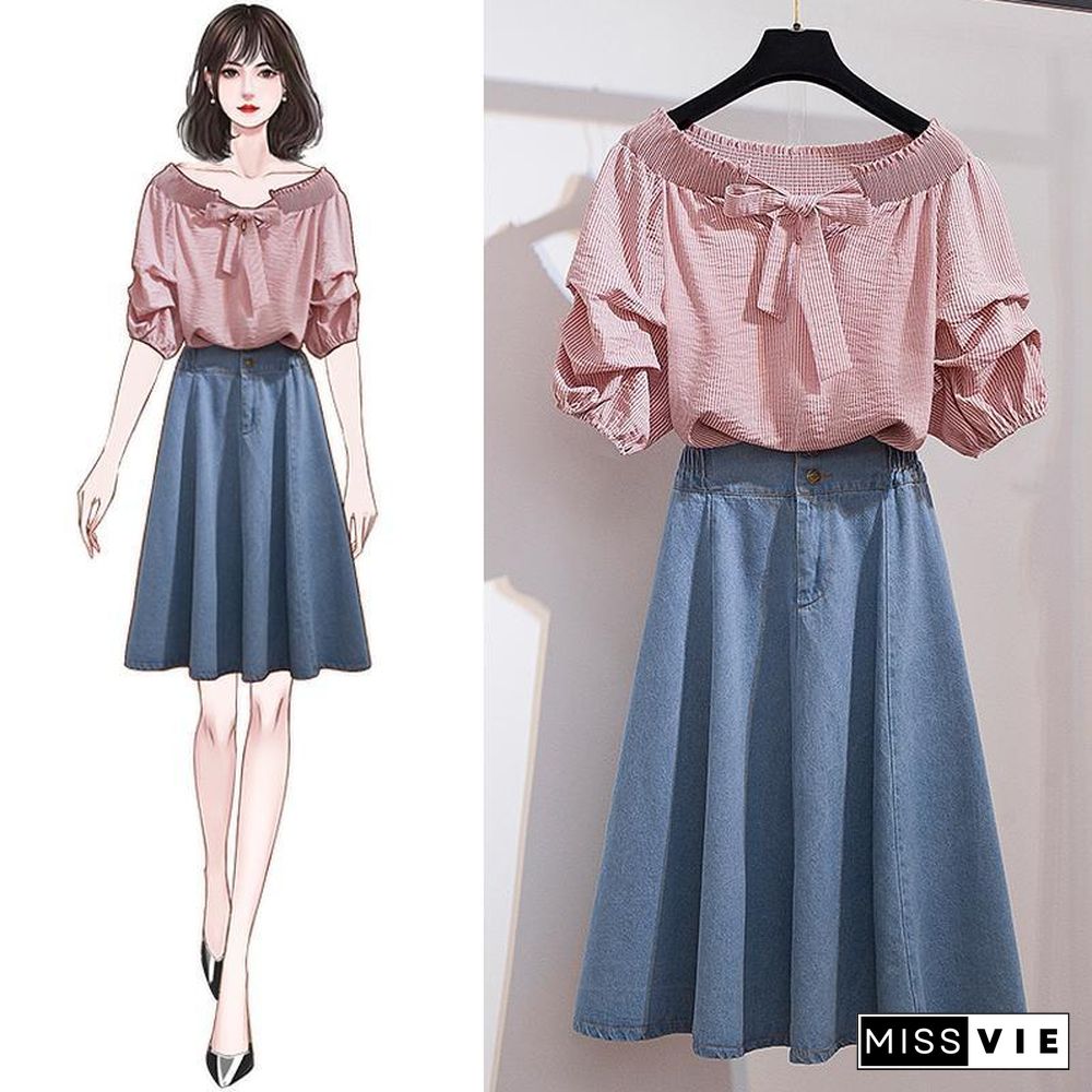 Cute Off Shoulder Blouse+Denim Skirt P11160