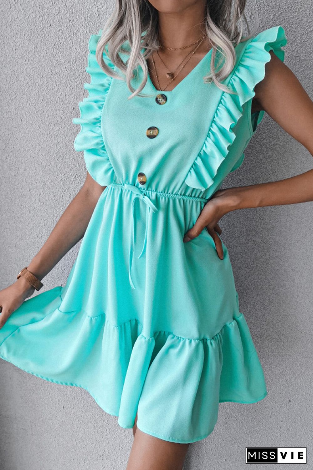 Casual Elegant Solid Buckle Flounce V Neck Waist Skirt Dresses