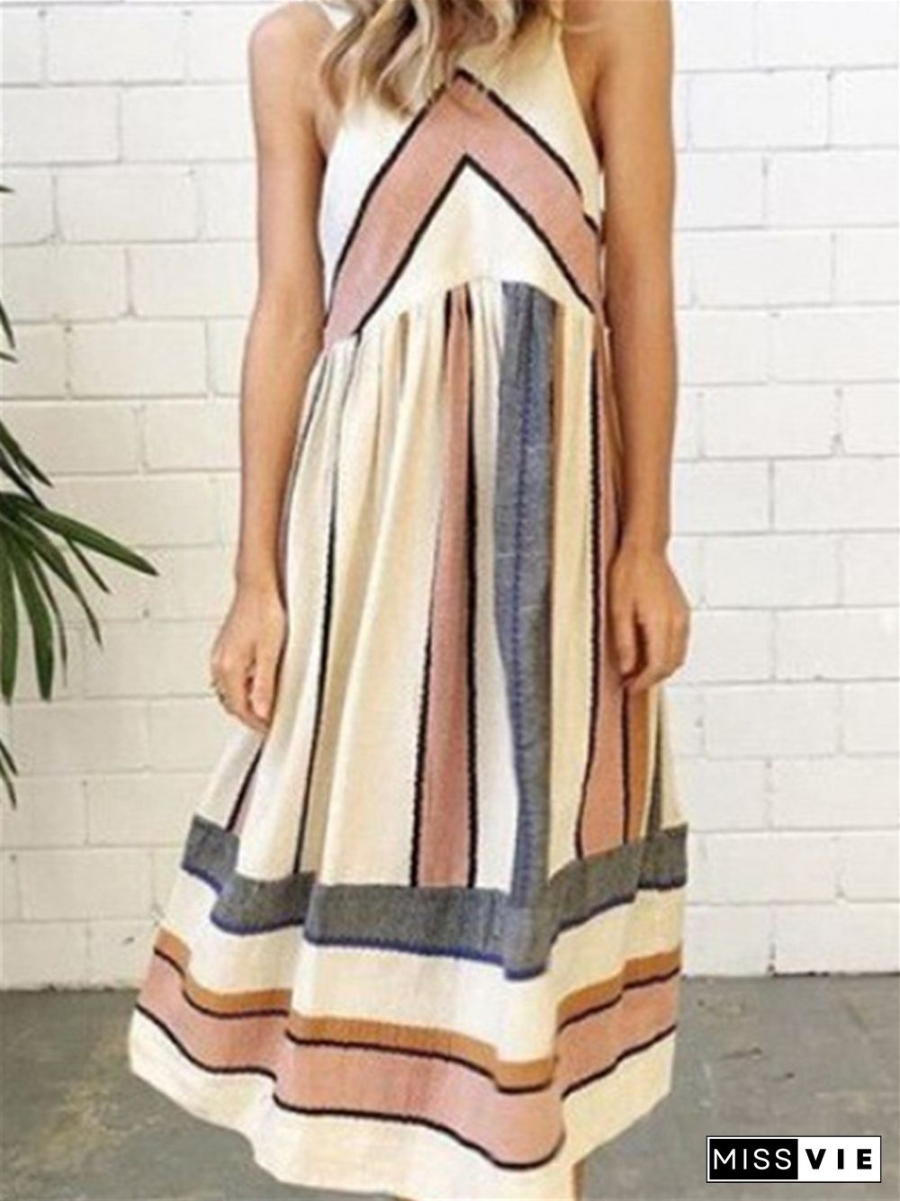 Summer Printed Sleeveless Art Stripe Jumpsuit Long Skirt