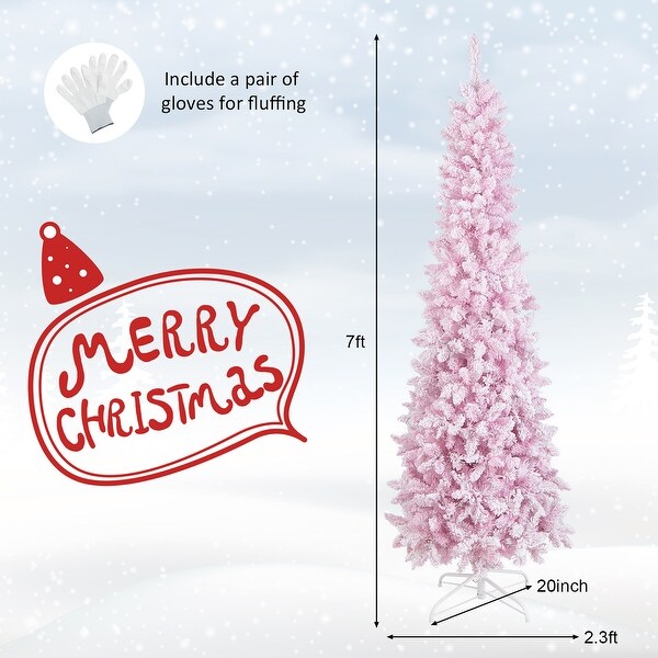 Costway 7FT PreLit Snow Flocked Hinged Pencil Christmas Tree w/ 300