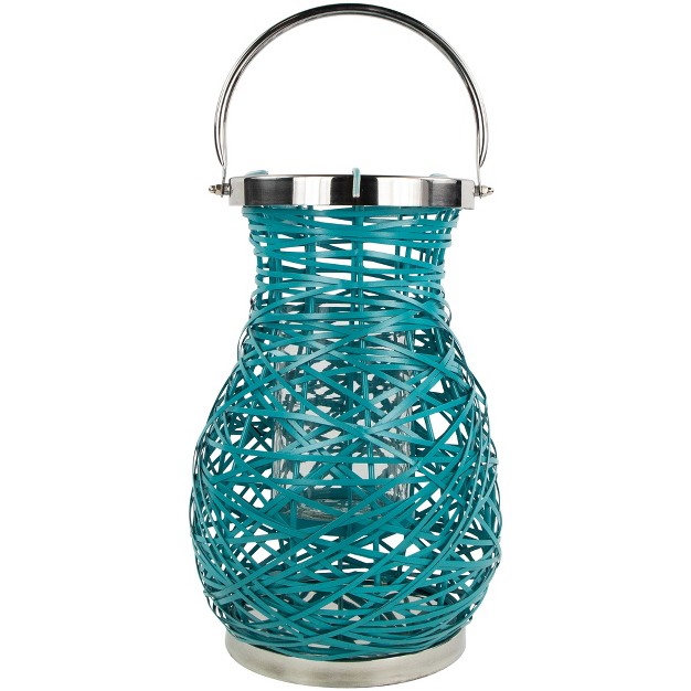 Turquoise Woven Metal Hurricane Pillar Candle Lantern